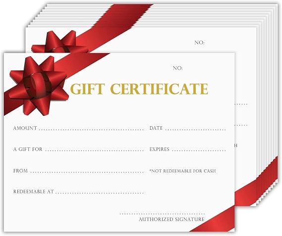 Blank Gift Certificates Great for Small Business, Restaurant, Spa, Makeup, Hair Beauty Salon, Wedding, Holiday, Christmas, Birthday | A2 Size - 4.25 x 5.5 Inches | 50 Cards per Pack