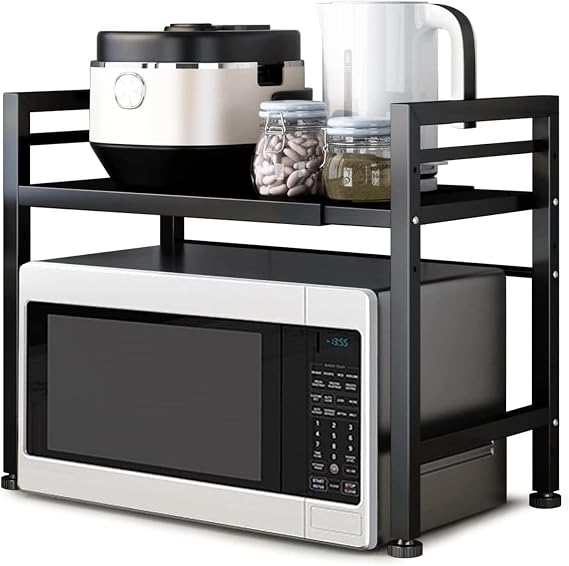 TOTEBOX Expandable Microwave Oven Rack, Kitchen Shelf with 6 Hooks, 2-Tier Kitchen Counter Organizer Shelf Stand, Pot Pan Grill Storage Racks, Carbon Steel Heavy Load 55lbs Capacity