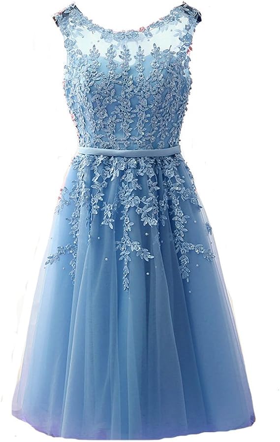 Kivary Sheer Bateau Tea Length Short Lace Pearls Prom Homecoming Party Dresses