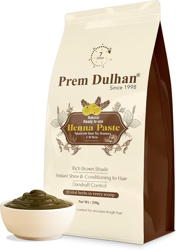 Prem Dulhan Ready to use Natural Henna Paste 8.45 fl oz, Rich Brown Shade, Hair Coloring and Instant Shine (Pack of 1)
