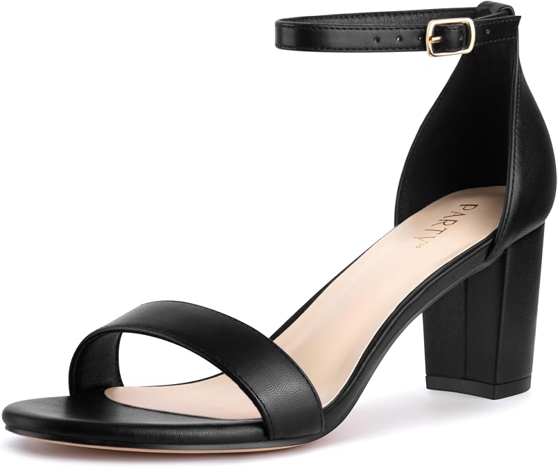 PARTY Women's Chunky Block Heels Open Toe Ankle Strap 3 Inch Heeled Sandals Comfortable for Wedding and Prom