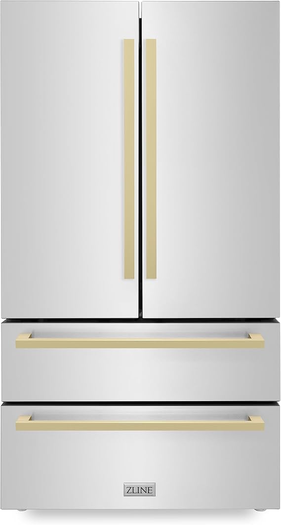 ZLINE Autograph Edition 36 in. 22.5 cu. ft. Counter-Depth French Door Refrigerator with Ice Maker in Fingerprint-Resistant Stainless Steel with Champagne Bronze Modern Handles (RFMZ-36-FCB)