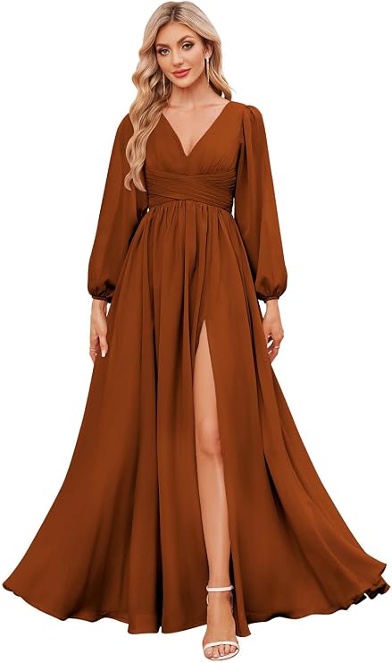 Women's Long Sleeve Bridesmaid Dresses with Slit V Neck Chiffon Ruched Formal Wedding Guest Party Dresses