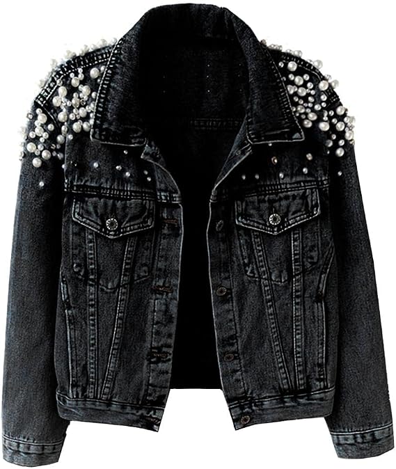 Kedera Women's Jean Jacket Embroidered Rivet Pearl Short Denim Jacket Coat