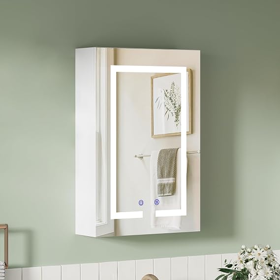 Bathroom Wall-Mounted Bathroom Mirror Cabinet with Led Lights, Bathroom Cabinets with Mirror,Adjustable Lights,Color Temperature, Touch Sensor Switch, 400mm×600mm (094) [Energy Class A]