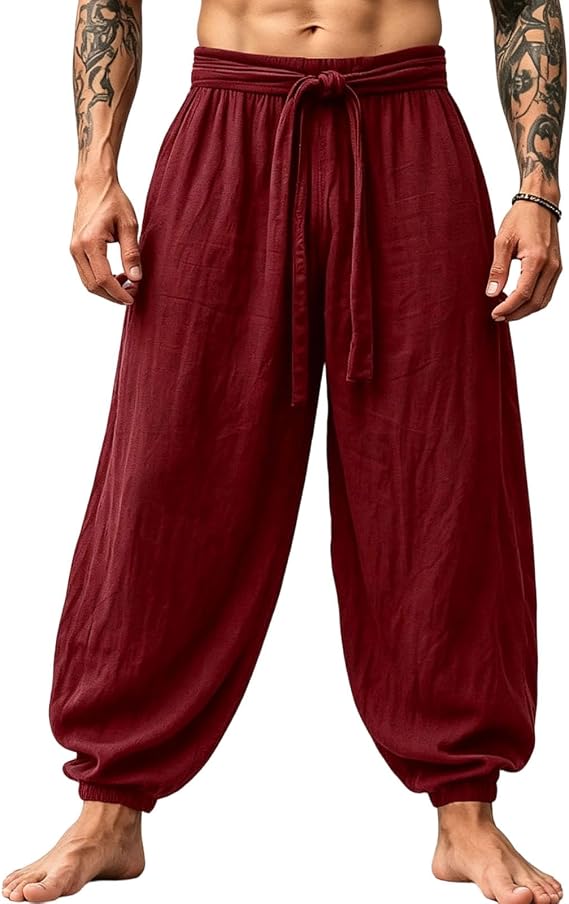 Xiaojmake Cotton Linen Harem Pants for Men Loose Fit with Tapered Cuffs