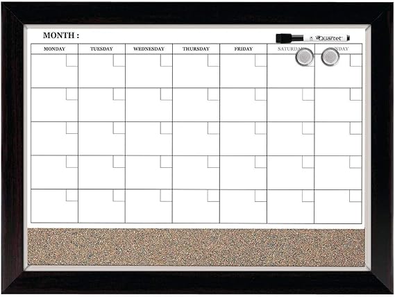 Quartet Whiteboard Calendar & Corkboard, Magnetic, White Board & Cork Bulletin Board Combo, 17" x 23", Wood Finish Frame (22476)