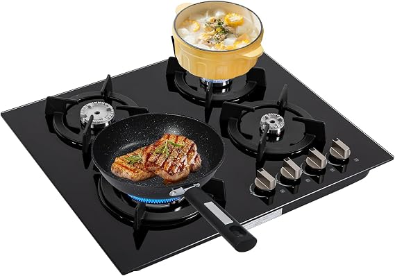 Gas Cooktop, 4 Burners Built-In Tempered Glass Cooktopgas Hob Propane Cooktop Electric Gas Stove Top with Nozzles and Burnercaps for Home Kitchens, Restaurants, Hotels(Black)