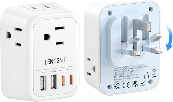 LENCENT Foldable US to UK Ireland Plug Adapter, Type G Travel Outlet Adapter with 4 USB Charger(2 USB C), Power Adaptor for USA to Scotland Dubai Hong Kong England British Kenya London