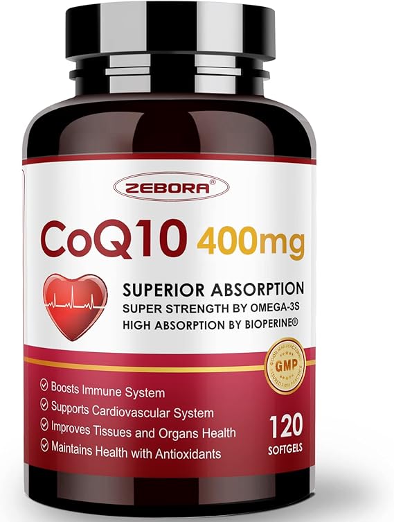ZEBORA CoQ10 400mg Softgels, 120 Servings | with PQQ, BioPerine & Omega-3, Ubiquinone, High-Absorption, Powerful-Antioxidant, Support Heart & Energy-Production
