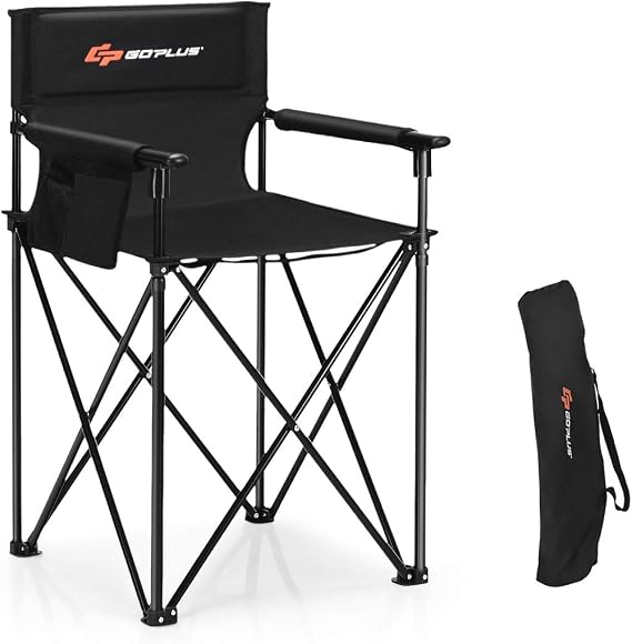 COSTWAY Folding Camping Chair, 38.5 Height Portable Tall Directors Chair | Storage Pouches, Detachable Armrests, Carrying Bag for Fishing, Picnic, Lawn, Black, 250LBS Weight Capacity