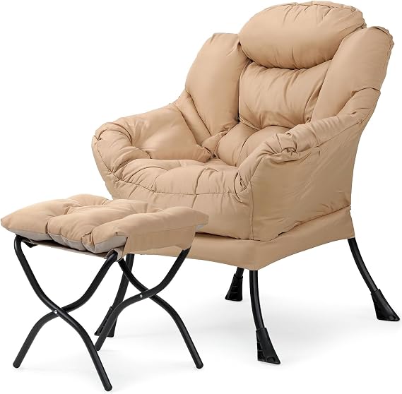 OS MOTOR Living Room Chair with Ottoman, Modern Lounge Accent Chair with Armrests and a Side Pocket, Leisure Upholstered Sofa Lazy Chair Reading Chair with Footrest for Small Space (Beige)