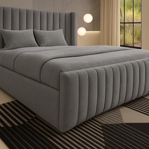 Luxury Chesterfield Winged Panel Bed Frame |- Double King Superking Sizes - Optional Gas Lift & Mattress - UK Made (Grey Plush, King 5ft Bed Frame)