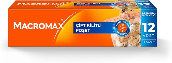 Macro Max Çift Kilitli Poşet 12 Adet (18x20 cm), Sızdırmaz Hava Geçirmez Buzdolabı Poşeti