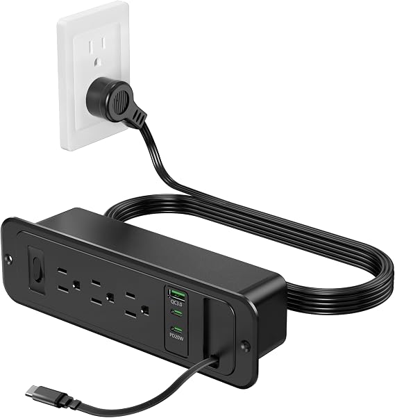 Recessed Power Strip,20W Retractable USB C Cable,Black,6FT