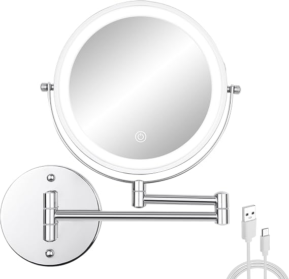 8" Lighted Wall Mount Makeup Mirror with Magnification, Chrome