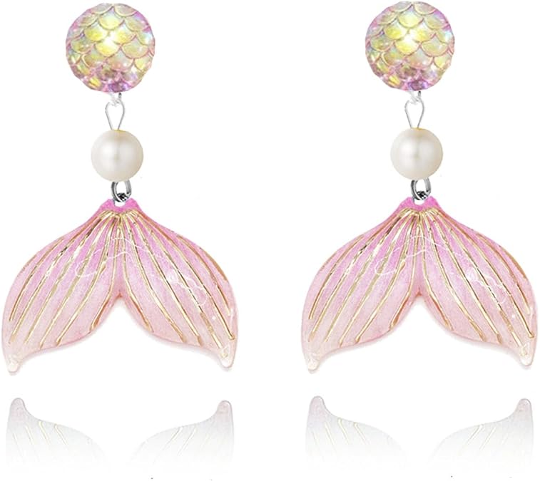 Mermaid Earrings for Women Mermaid Scales Clip on Earrings Pearl Fishtail Dangle Drop Earrings for Women Beach Jewelry (Pink)