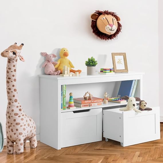 CAPHAUS Toy Storage Organizer with 2 Wheeled Drawers, White, Playroom Organization and Storage, Floor Toy Box with Wheels and Shelf, for Kids, Boys and Girls, Nursery, Playroom and Bedroom