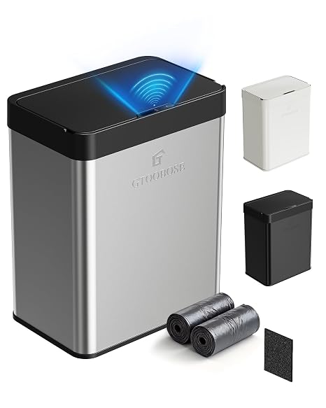 13 Gallon Touchless Automatic Trash Can, Slim Motion Sensor Kitchen Garbage Can, Stainless Steel, Soft Close Lid, Fingerprint Resistant, Hands-Free, for Kitchen Apartment Office, Silver