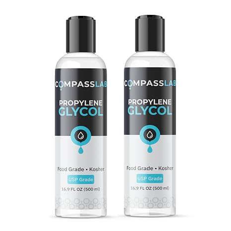 Propylene Glycol 2 Pack, Pure PG Dispensing Bottles, USP Kosher Food Grade PG Liquid for Soaps, Lotions, Moisturizers, Solvents, 500mL by Compass Laboratory