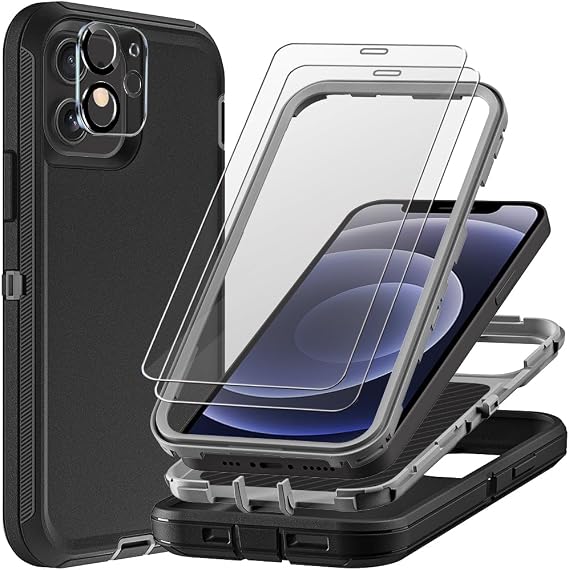 for iPhone 12 Case with 2Pcs Tempered Glass Screen Protector and 1Pcs Camera Lens Protector, Military Grade 3 in 1 Heavy Duty Shockproof/Drop