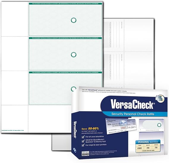 VersaCheck UV Secure Checks - 750 Blank Business or Personal Wallet Checks - Green Elite - 250 Sheets Form #3001 - 3 Per Sheet