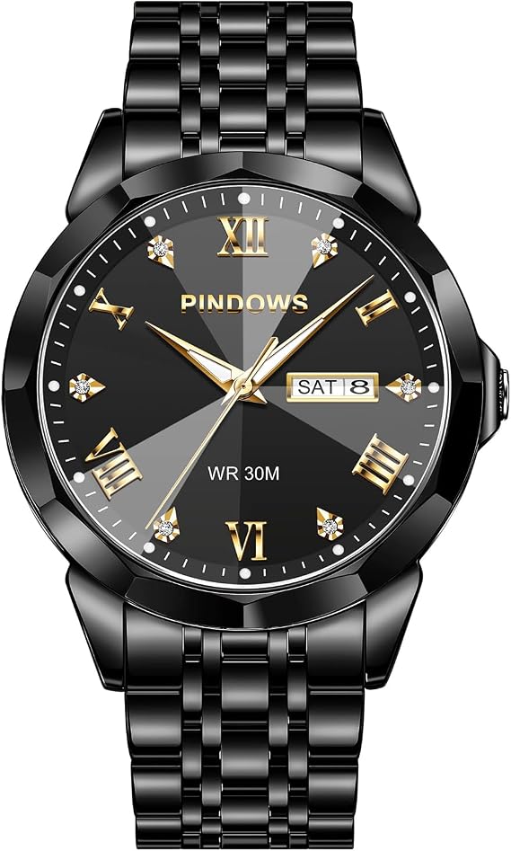 PINDOWS Mens Watches Retro Two Tone Stainless Steel Luxury Quartz Date