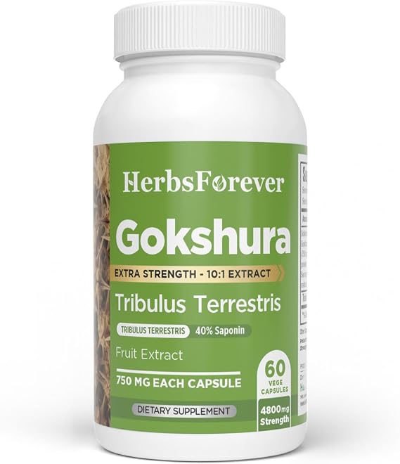 Herbsforever Gokshura(Tribulus Terrestris)-Extra Strength (10:1) Extract, Equiv. to 4800 mg Fruit Powder Per Serving- Vitality,Urinary,Bladder & Prostate Wellness|40% Saponins|60 Vege Capsules|700 mg