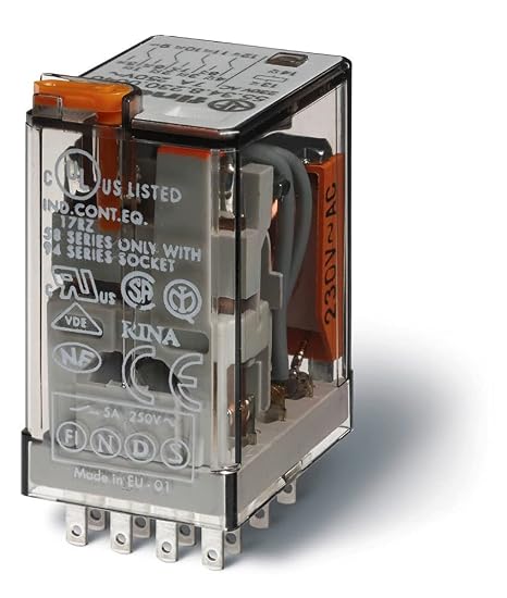 Finder 553480240054 4RT 7 to 24 Vac Plug-in Relay with Test Button/Mechanical Indicator/LED
