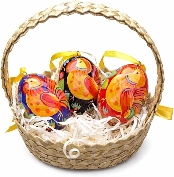 Beautiful Easter Decoration - Hand Painted Wooden Easter Eggs 3 pcs in Handwoven Straw Basket Traditionally Painted Petrykivka Folk Art Pysanky Made in Ukraine Handcrafted Easter Gift (Multicolor)