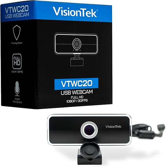 VisionTek VTWC20 Full HD (1080P 30FPS) Webcam, for Windows, Mac, Linux, Chromebook w/Digital Microphone, Auto Focus, Privacy Cover, Wide Viewing Angle