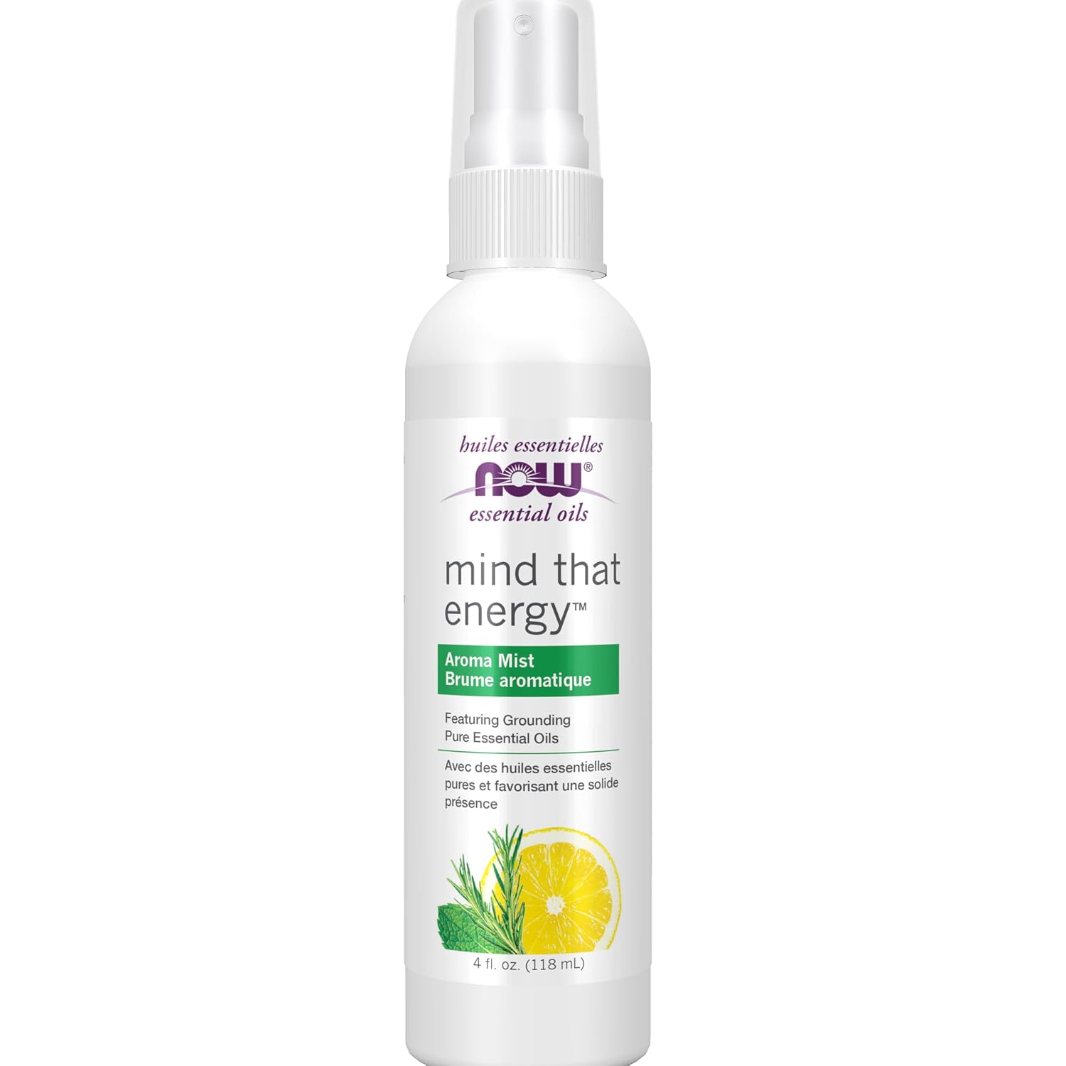 Now Essential Oils Mind That Energy Aroma Mist, 4 Fl. Oz - Peppermint, Lemon, Frankincense, Rosemary, Lavender, Sandalwood - Aromatherapy, Organic, Beige