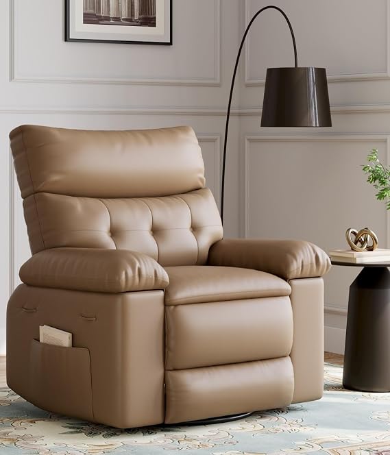 Oversized Recliner with Heat and Massage - 360 Degree Rotating Lazy Recliner for Adults - Manual Rocking Chair with Remote Control for Living Room, Bedroom, Nursery - Tan