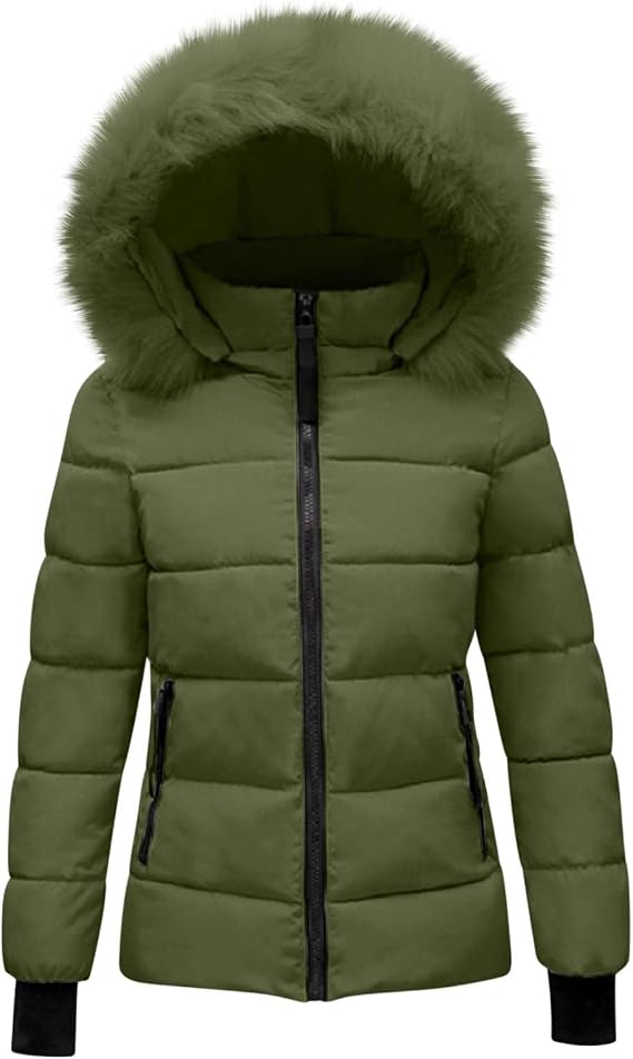 Puff Jackets Women Down Jackets with Detachable Trim Plush Hood Plain Quilted Puffer Jacket Hooded Parka Coat Warm Coat Thermal Outerwear Outdoor Down Coats Padded Thicken Overcoat Coats