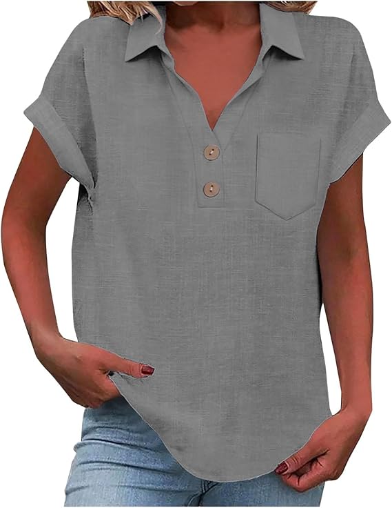 SHAOBGE Linen Shirts for Women - Cotton Button Up Shirt Summer Short Sleeve Roll Up Loose Fit V-Neck Casual Work Blouse Tops