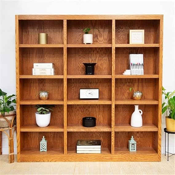BOWERY HILL 72" Traditional Triple Wide Wood Bookcase with 12 Adjustable Shelves and 3 Fixed Shelves, Assembly Required, for Home/Office in Dry Oak Finish