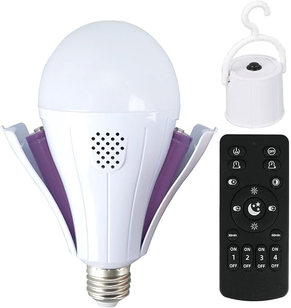 Rechargeable Emergency Smart Light-Bulbs with Remote,Removable Battery Light Bulb,3 Color and Dimmable 1200mAh 12W LED Light Bulbs for Home, Camping, Tent (E27, with Hook)