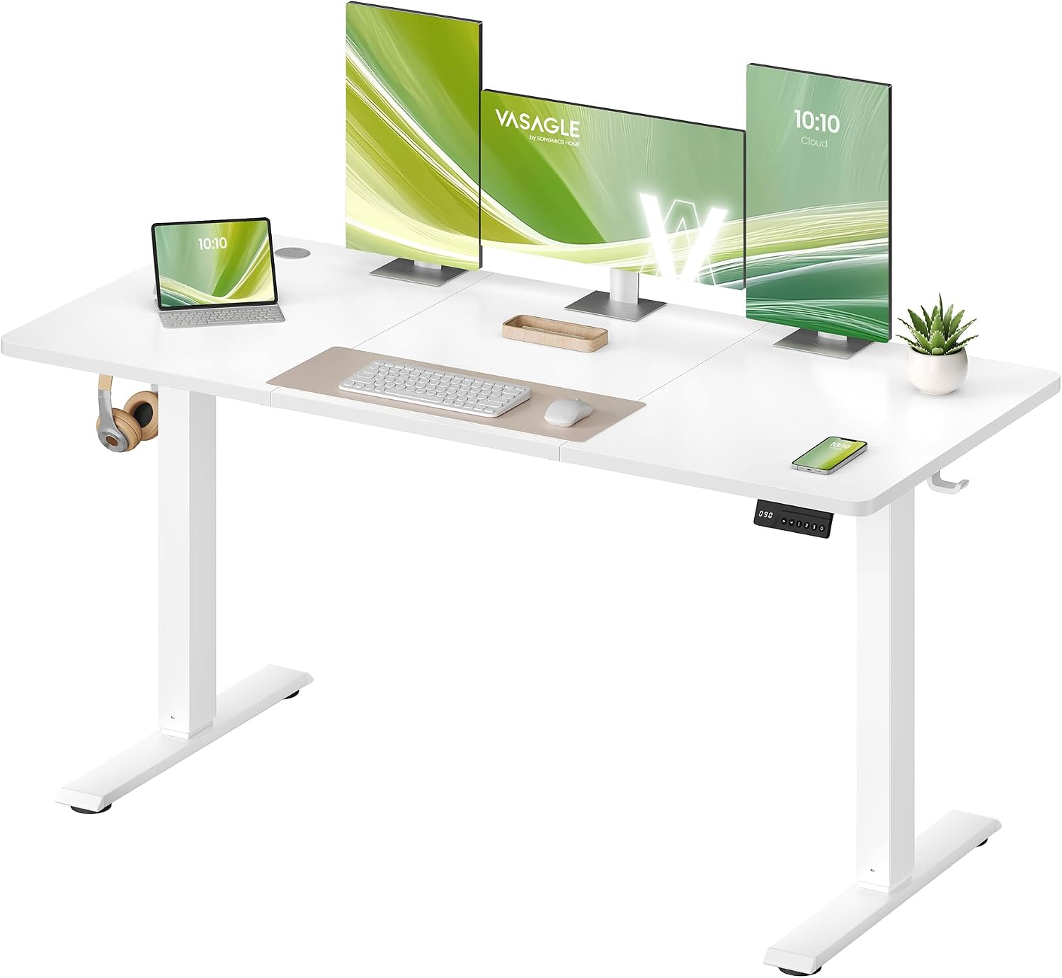 VASAGLE Electric Standing Desk, Height Adjustable Desk, Sedentary Reminder, 4 Memory Heights, for Home Office, 140 x 60 cm, Cloud White LSD314WZ01