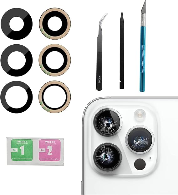 3 Pcs/Set Back Camera Lens Replacement for iPhone 14 Pro/iPhone 14 Pro Max, Rear Glass Camera Lens Cover Back Camera Glass Lens Replacement with Pre-Installed Adhesive + Repair Tool Kit