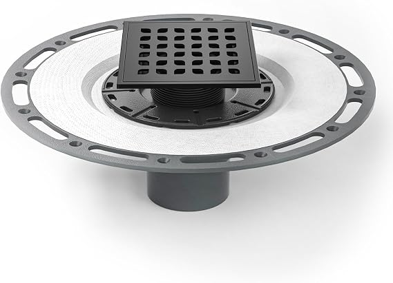 Neodrain 4 in Matte Black Square Shower Drain Brushed 304 Stainless Steel Drain Grate Removable Drain Key with Waterproof Fabric, PVC Bonding Flange Base for Low Profile Shower Pan