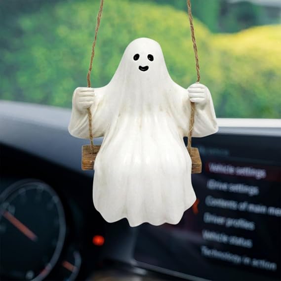 Swing Ghost Car Hanging Ornaments Scary Fun Halloween Pendant for Car Interior Rear View Mirror Decor, Resin White Ghost Figurine Automotive Accessories