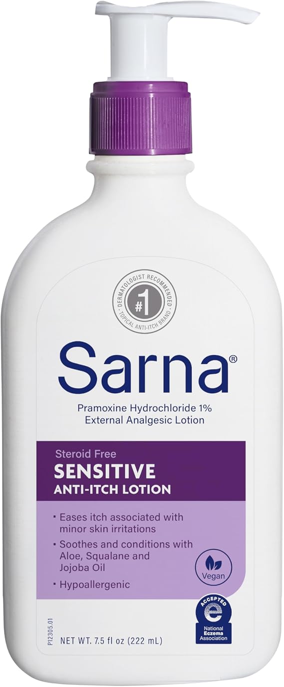 Sarna Sensitive Steroid-Free Anti-Itch Lotion for Dry Irritated Skin, Fragrance free - 7.5 Fl Oz | Dermatologist Recommended, Relieves Pain & Itch, For Itchy Skin, Steroid-Free, Fragrance-Free, Vegan, Hypoallergenic, Aloe