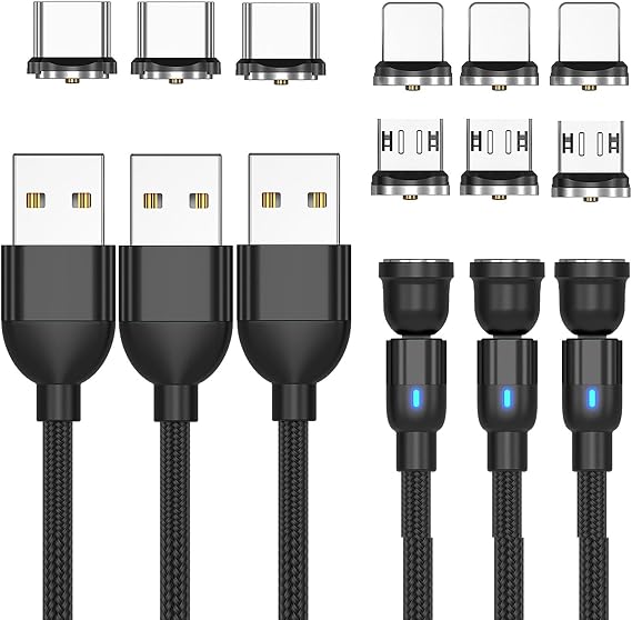 540 Magnetic Phone Charger 3 Pack| USB to USB C Cable, Micro-USB, Magnetic Charger Compatible with iPhone Samsung | 3-in-1 Tip Adapters, Magnetic Charging Cable Type C Charger (1.5ft Black)