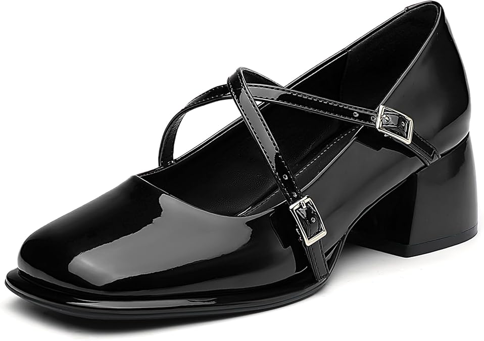 NEWBELLA Women's Retro Mary Janes - Patent Leather Chunky Heel Pumps with Cross Strap & Square Toe, Comfortable French Style Dress Shoes for Work & Daily Wear