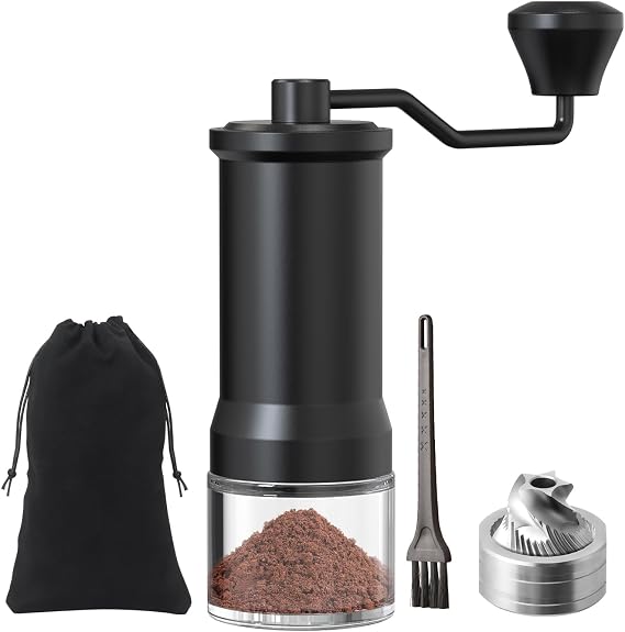 Manual Coffee Grinder, Stainless Steel Conical Burr Hand Mill with Glass Jar, Adjustable Settings, Portable Coffee Bean Grinder for Espresso, Pour Over, French Press, Black