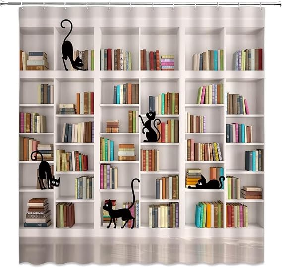 GCTNBJL Bookshelf Shower Curtain Library Cat Vintage Bookcase Wooden Antique House Hippie Art Wall Beige Bathroom Home Curtain with Hooks,70x70 Inch