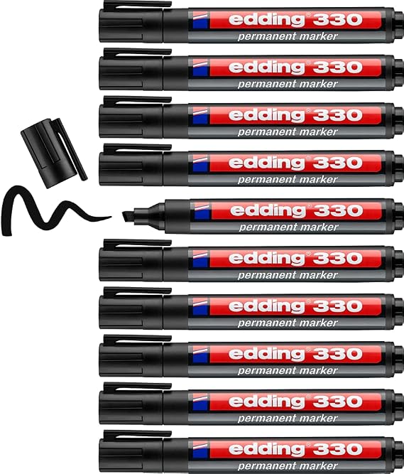 Edding 330 Permanent Marker Pen - Black - 10 Pens - Chisel Tip 1-5 mm - Quick Drying, Water and Abrasion Resistant - for Cardboard, Plastic, Wood, Metal, Glass