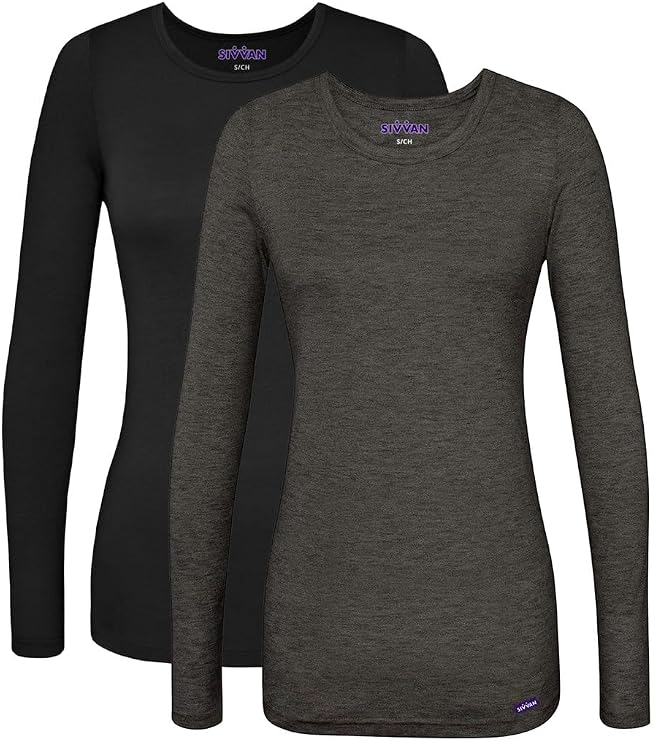 Sivvan Scrubs for Women - Long Sleeve Comfort Underscrub Tee Multicolor 2-Pack - S85002M - Black/Heather Charcoal - L