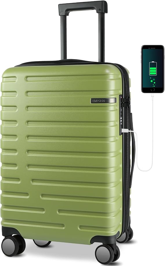 EMPSIGN Carry On Luggage with Spinner Wheels, 20-Inch, Green | Hard Shell Expandable Suitcase, 21x14x9 Airline Approved, TSA Lock & USB Port, Durable Travel Rolling Suitcase