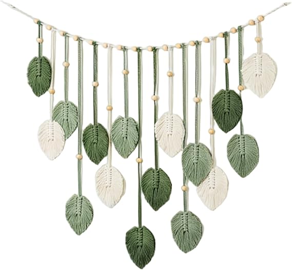 TourKing Macrame Leaf Wall Hanging, Boho Wall Art Decor with Wooden Beads, Green and Beige Woven Leaves for Living Room, Bedroom, Apartment